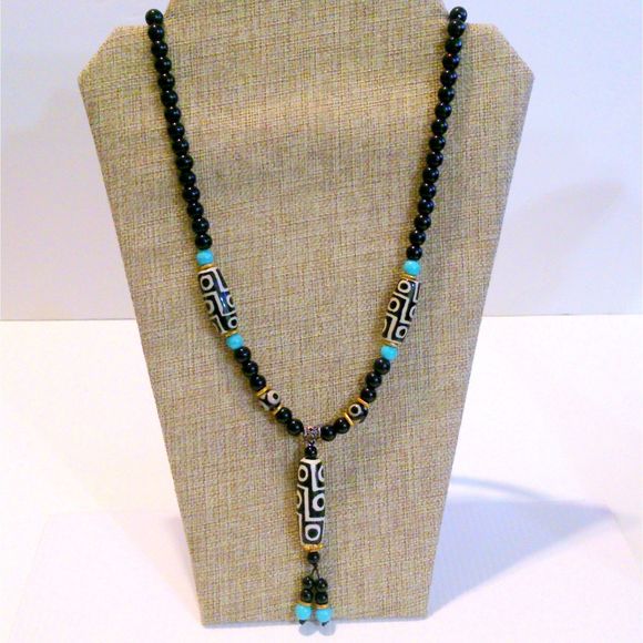 Black Onyx Howlite and Ceramic Bead Y Drop Long Beaded Necklace * - Picture 2 of 4